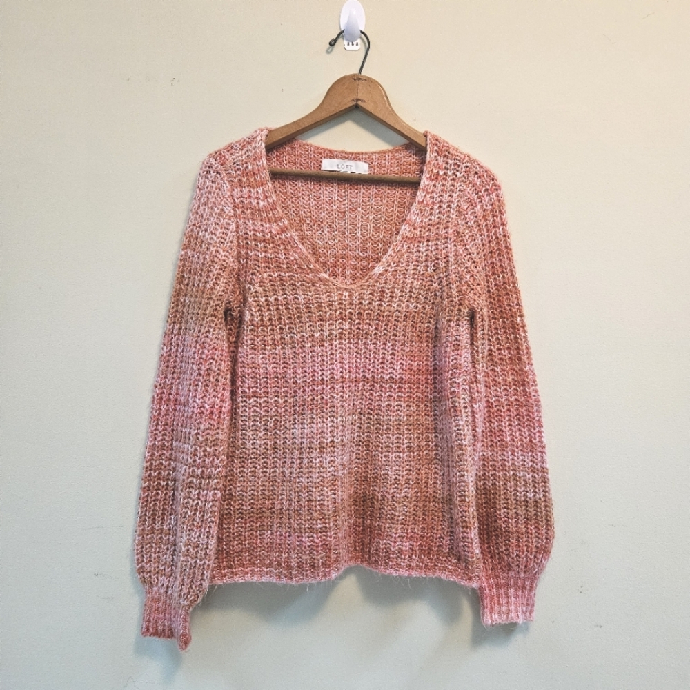 Loft Space Dye Sweater Women Sz S Orange/Pink Chunky Knit Balloon Sleeves V-neck